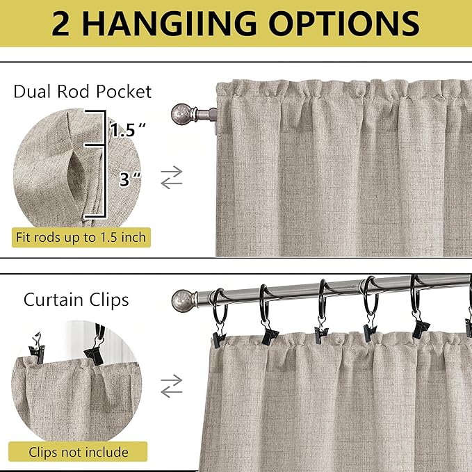 Linen Valances for Windows, Light Filtering Faux Linen Textured Small Short Valance Curtains for Bathroom Basement Farmhouse, Rod Pocket Top Half Curtains for Windows, 60Wx20L Inch