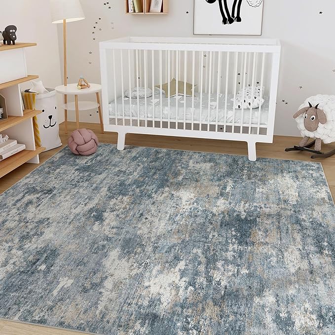 Nakagishi 8x10 Area Rugs Living Room: Washable Abstract Large Neutral Soft Rug Stain Resistant Modern Indoor Floor Non-Slip Carpet for Bedroom Nursery Kids Playroom Office Dining Room Dorm-Blue Brown