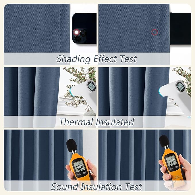 Denim Blue 100% Blackout Linen Curtains 120 Inch Length 2 Panels Set for Living Room Bedroom Back Tab Thermal Insulated Black Out Drapes Room Darkening Farmhouse Style for Bedroom Window Curtains