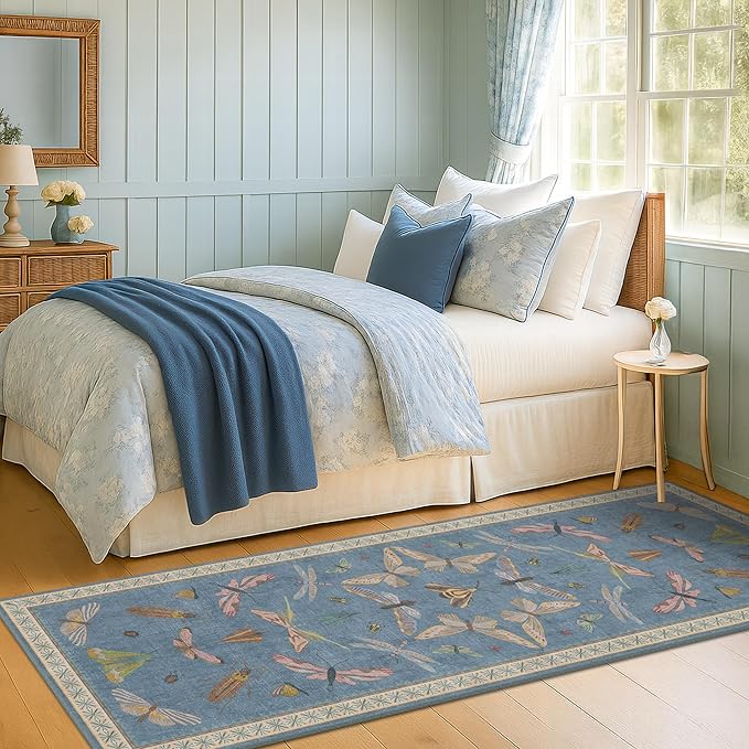 Hazo Haus Boho Non Slip Kitchen Rug Runner - 2x6 Blue Washable Rug for Bathroom, Laundry Room, Hallway, Non Slip with Rubber Backing, Insect Print Unique Runner