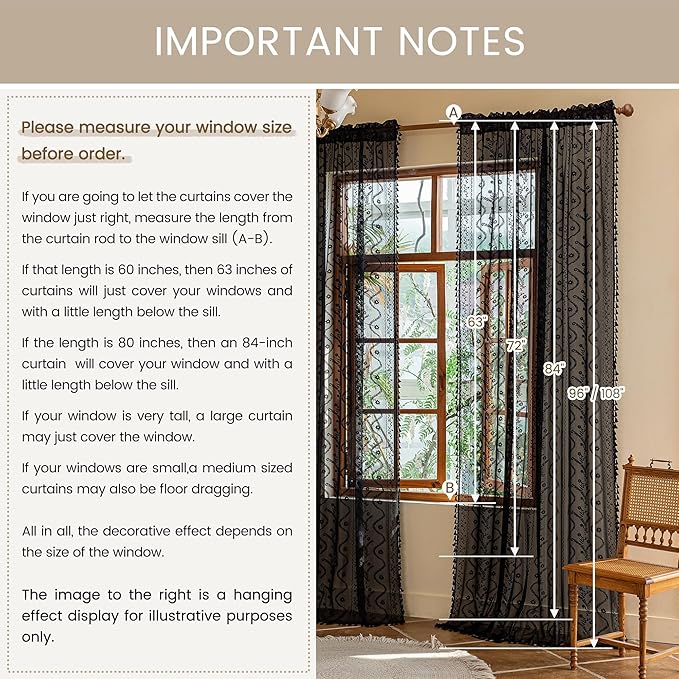 WAZZIO Boho Lace Curtains 84 Inch -Vintage Victorian Sheer Panel Drape Floral Pattern & Tassel Light Filtering Privacy for Bedroom Dining Living Room,Black Gothic Halloween Decor,2 Panels,W52 x 84L