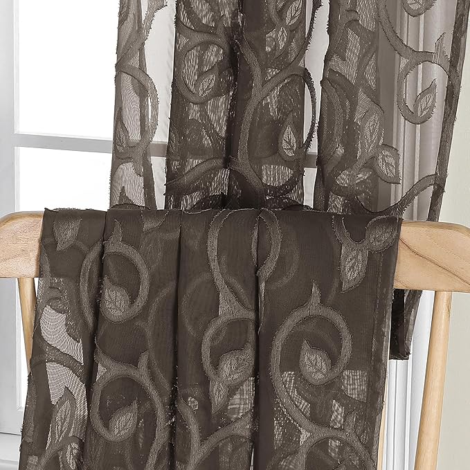 OWENIE Furman Chocolate Sheer Curtains 84 inches Long for Bedroom Living Room 2 Panels Set, Light Filtering Sheer Curtain with Elegant Clip Jacquard, Rod Pocket Window Treatments, 2 Pcs = 80" Width