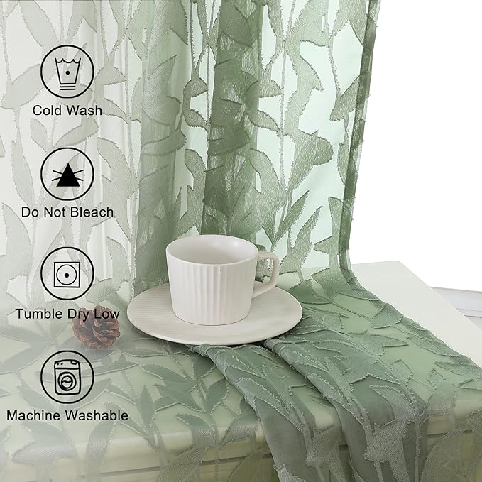 Lecloud Leia Sage Green Sheer Curtains 78 Inches Long 2 Panels, Privacy Airy Voile Jacquard Leaf Textured Curtains, Dual Rod Pockets Farmhouse Drapes for Living Room Bedroom, Each 42" W x 78" L