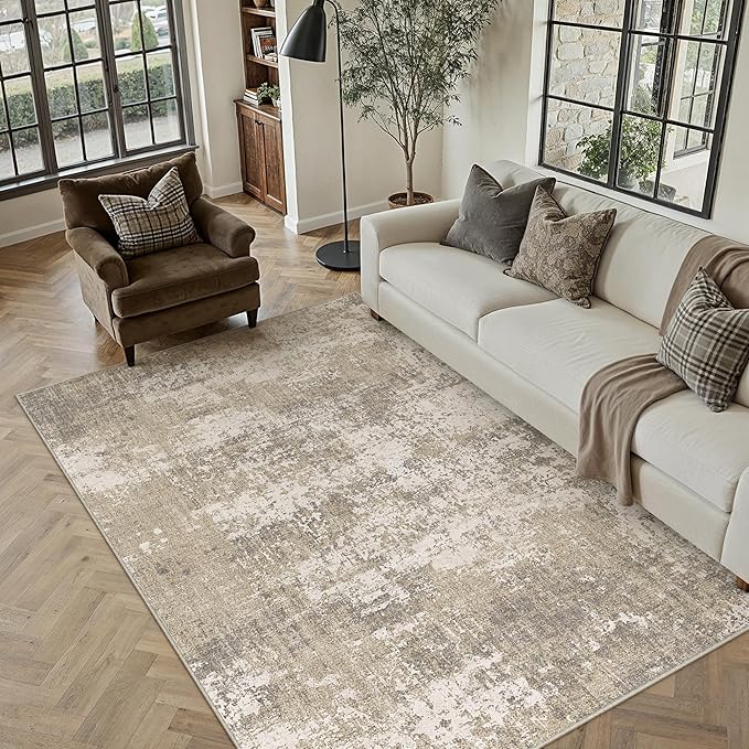 PureCozy Beige Area Rug 5x7 Machine Washable Modern Abstract Living Room Carpet Non Slip Neutral Low Pile Soft Non Shedding Bedroom Contemporary Indoor Rug for Kitchen Office Laundry Dining Room
