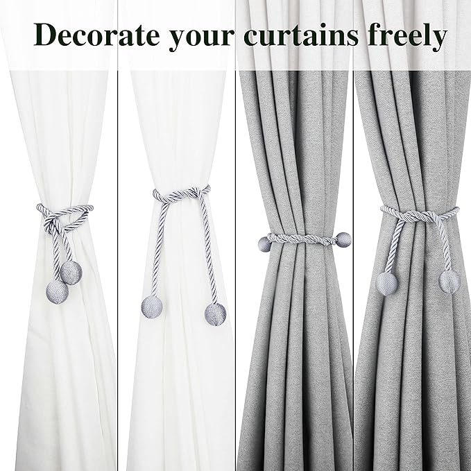 Curtain Tiebacks Outdoor Elegant Decorative Tie Backs Modern Rope Tiebacks for Drapes Window Curtain Holdbacks for Draperies (Grey, 4)