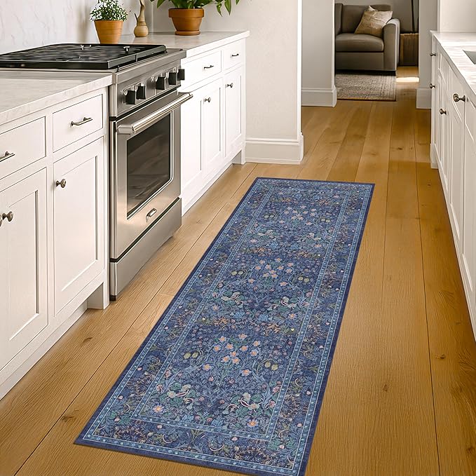 Dark Blue 2x8 Kitchen Runner Rugs - 8ft Long Machine Washable Hallway Runner Non Slip, Floral Pattern Indoor Floor Mats for Entryway, Oriental Floral Design Home Décor