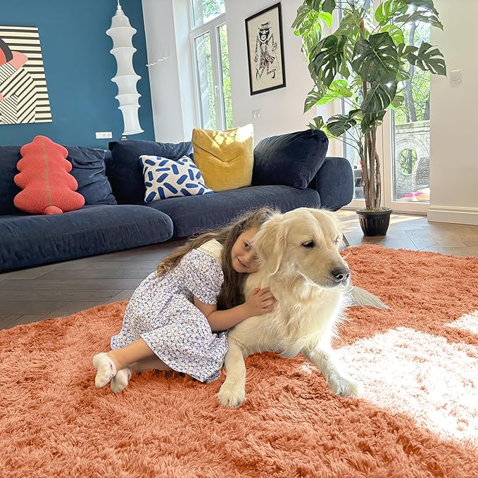 OLANLY 9x12 Machine Washable Large Area Rugs for Living Room, Bedroom, Soft Fluffy Shaggy Bedside Rug, Indoor Floor Carpet for Kids Girls and Boys, Dorms, Nursery, Home Decor, Muted Orange