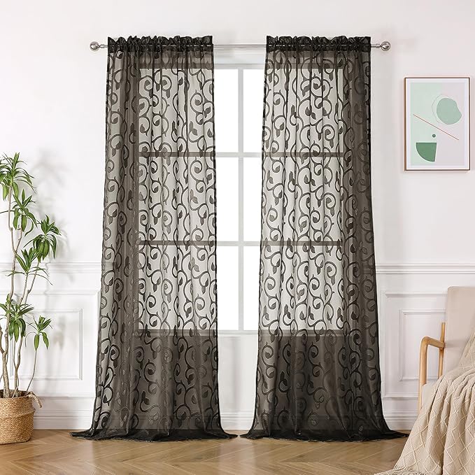 OWENIE Furman Chocolate Sheer Curtains 96 inches Long for Bedroom Living Room 2 Panels Set, Light Filtering Sheer Curtain with Elegant Clip Jacquard, Rod Pocket Window Treatments, 2 Pcs = 80" Width