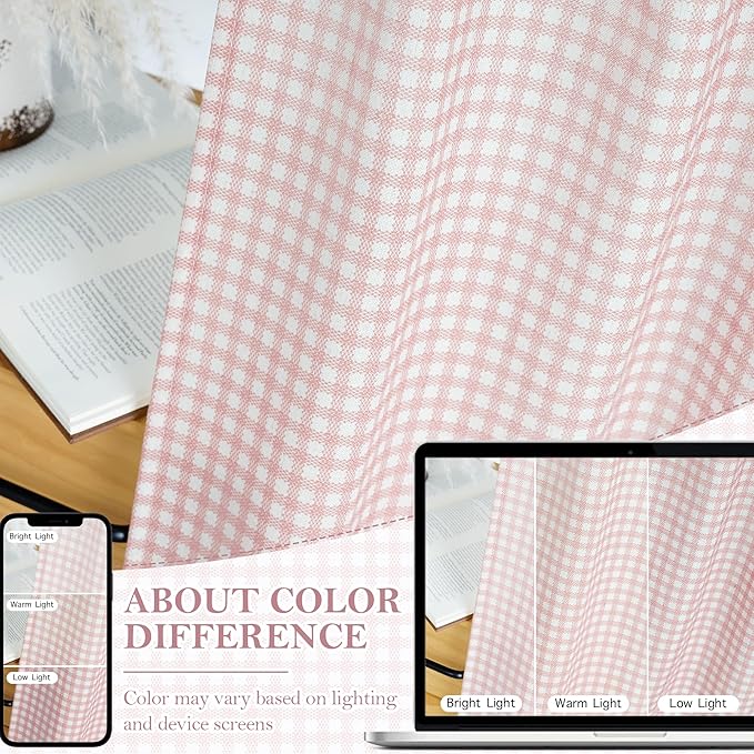 RYB HOME Checkered Kitchen Curtains 24 inch Length, Vintage Farmhouse Linen Cafe Plaid Curtains Gingham Small Window Treatment Valance for Living Room Bathroom, Pink, W26 x L24, 2 Panels