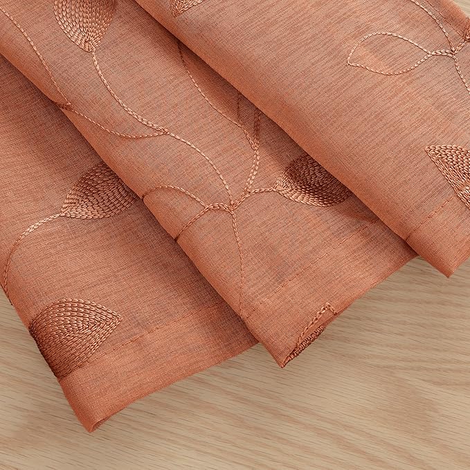 HOMEIDEAS Fall Burnt Orange Sheer Kitchen Curtains 52 x 45 Inch Length 2 Panels Embroidered Leaf Pattern Short Curtains for Bedroom Half Small Window Rod Pocket Tiers