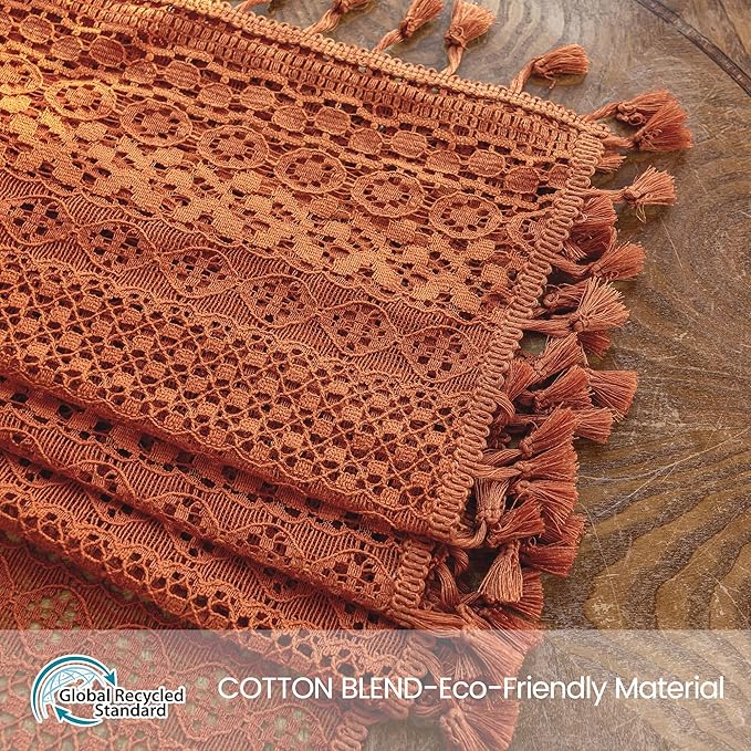WAZZIO Boho Lace Curtains 63 Inches 2 Panel,Light Filtering Privacy Tassel & Geometry Crochet Semi Sheer Curtain Drapes for Bedroom Living Dining Room,Rod Pocket & Tassel,Full Decor,Burnt Orange