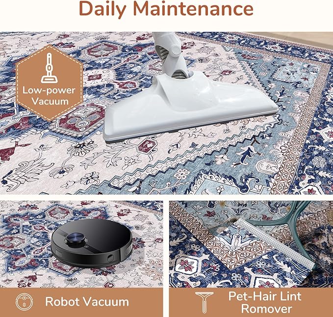 OPPODREAM Soft Area Rugs 4x6, Low-Pile Washable Rugs 4x6 with Non Slip Backing, Faux Cashmere 4 x 6 Throw Carpet, Navy Blue & Red & Cream