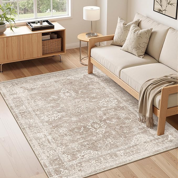 Madane 3x5 Area Rugs for Entryway,Washable Vintage Low Pile Non-Slip Throw Area Rugs, Accent Rug Floral Print Indoor Mat for Bedside Living Room Kitchen Bedroom, Brown/Sand