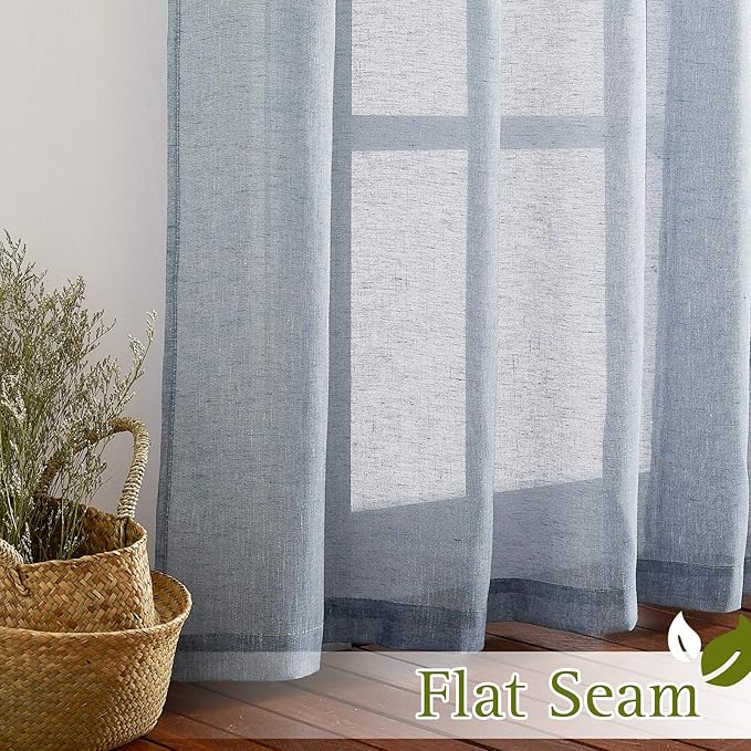 NICETOWN Semi Sheer Linen Blend Window Curtains, Grommet Solid Curtain Privacy with Light Filter Flax Texture Window Treatment Vertical Drape for Bedroom/Living Room, W52 x L72, Sea Mist, 1 Pair