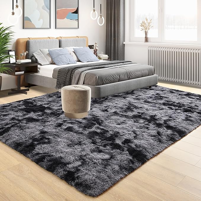 Tepook Soft Fluffy Rugs for Living Room, 5x7 Shaggy Area Rug for Bedroom, Modern Shag Rug Fuzzy Carpets for Kids, Plush Indoor Nursery Home Decor Rug with Non-Slip Bottom, Tie-dye Dark Grey