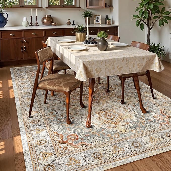 Washable Area Rug 3' x 5 ' Vintage Traditional Persian Mat - Foldable Distressed Non-Slip Machine Washable Carpet for Living Room Bedroom Kitchen Home Decor - Dove Gray and Coral