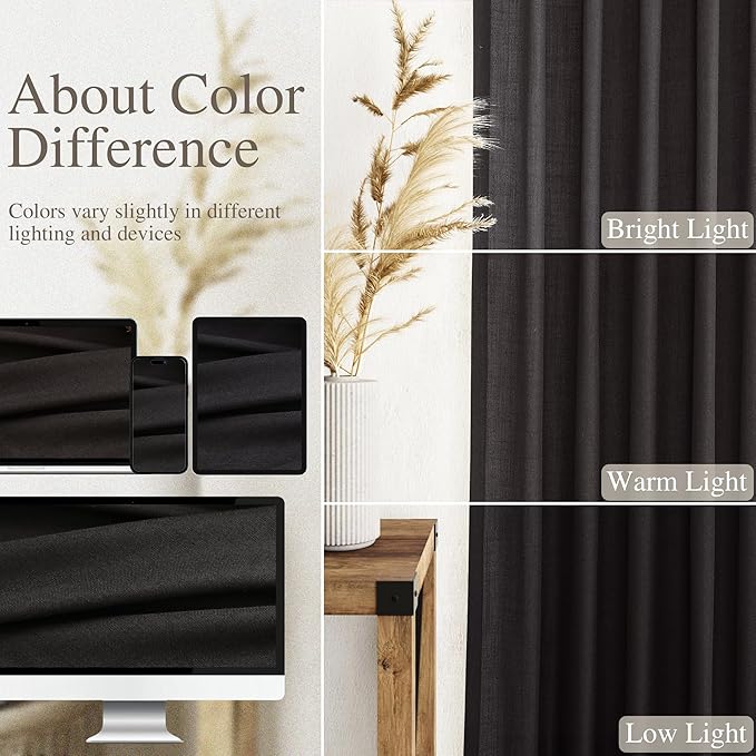 Nanspring Vintage Black Linen Curtains 96 Inches Long for Living Room Light Filtering Semi Sheer Curtain Back Tab Privacy Luxury Gothic Vintage Decor Drapes for Bedroom Office 52x96, 2 Panels