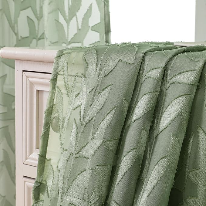 Lecloud Leia Sage Green Sheer Curtains 30 Inch Length 2 Pcs, Breathable Jacquard Texture Kitchen Short Curtains, Small Farmhouse Leaves Voile Window Treatments Dual Rod Pocket, 38 W x 30 L