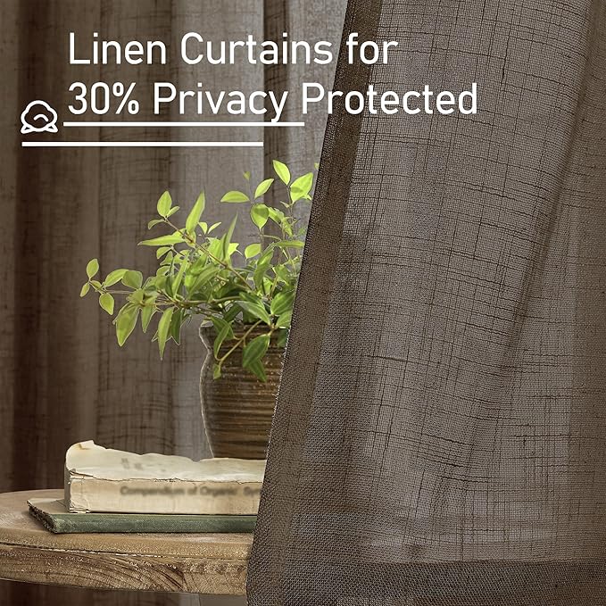 LAMIT 54 Inch Length Linen Curtains for Small Window, Semi Sheer Light Filtering Panels Back Tab and Rod Pocket Neutral Drapes for Bedroom, Dark Brown, 2 Panels, 34 x 54 Inch
