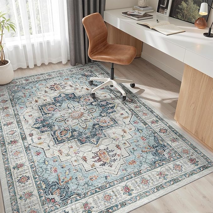Madane 5x7 Area Rugs for Living Room, Stain Resistant Washable Rug, Non-Slip Backing Area Rug, Vintage Home Decor Rug for Bedroom (Blue, 5'x7')