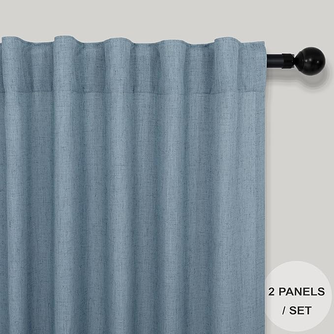 Pitalk Blue Curtains 38 Inch Wide for Small Window 2 Panel Set Back Tab Rod Pocket Linen Blend Semi Sheer Cafe Tier Narrow Curtain for Bathroom Kitchen Door Basement Width 38x45 Inch Length Stone Blue