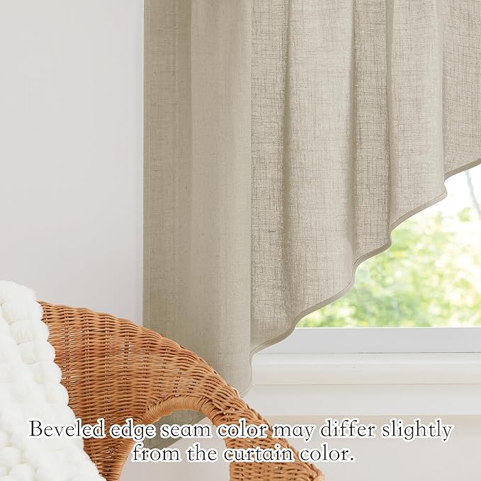 RYB HOME Kitchen Window Curtains - Linen Textured Sheer Curtains Privacy Short Cafe Curtains Rod Pocket Window Topper Decor for Bedroom Dinning Room, Angora, W 36 x L 63, 2 Pcs