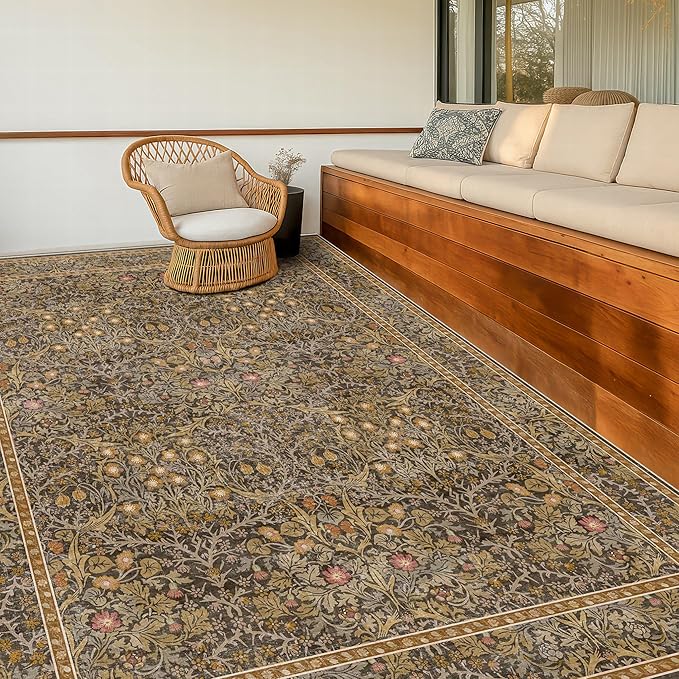 Washable Dining Room Rugs for Under Table - 6x9 Brown Oriental Area Rug for Living Room, Low Pile Non-Slip Floor Carpet for Bedroom Under Bed - Vintage Design & Stain Resistance