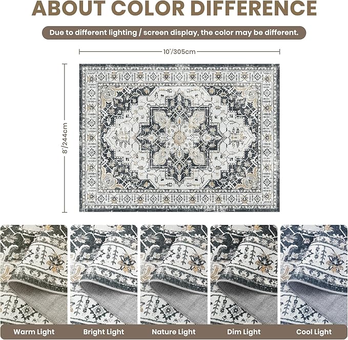zesthome Area Rug 8x10,Ultra-Thin Washable Rugs for Living Room, Non-Slip Backing Area Rugs,Small Entryway Rug,Vintage Medallion Pattern Rugs (Black,8'x10')