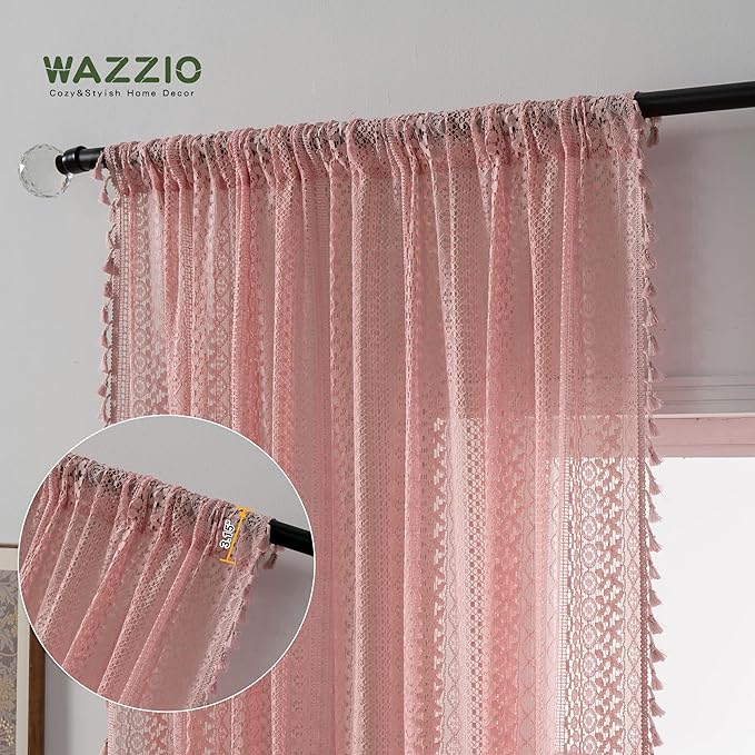 WAZZIO Boho Lace Curtains 84 Inches 2 Panel,Light Filtering Privacy Tassel & Geometry Crochet Semi Sheer Curtain Drapes for Bedroom Living Dining Room,Rod Pocket & Tassel,Light Pink