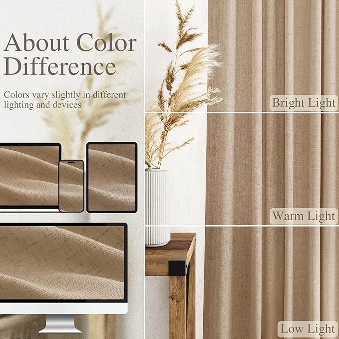 Sand Beige Linen Curtains 132 Inch Length for Living Room Simple Modern Light Filtering Semi Sheer Curtain Back Tab Rustic Home Decor Drapes Floor to Ceiling High Window for Bedroom 52x132, 2 Panels