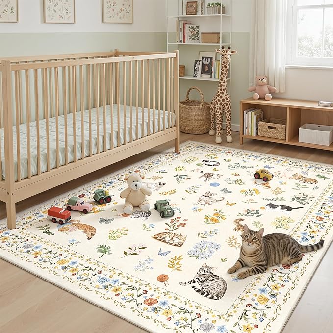 Soalmost Cat 6x9 Area Rugs for Living Room, Machine Washable Animal Floral Vintage Rug Non-Slip Low Pile Soft Throw Rugs for Bedroom Dining Room Kitchen Nursery Playroom (6 x 9,Beige)
