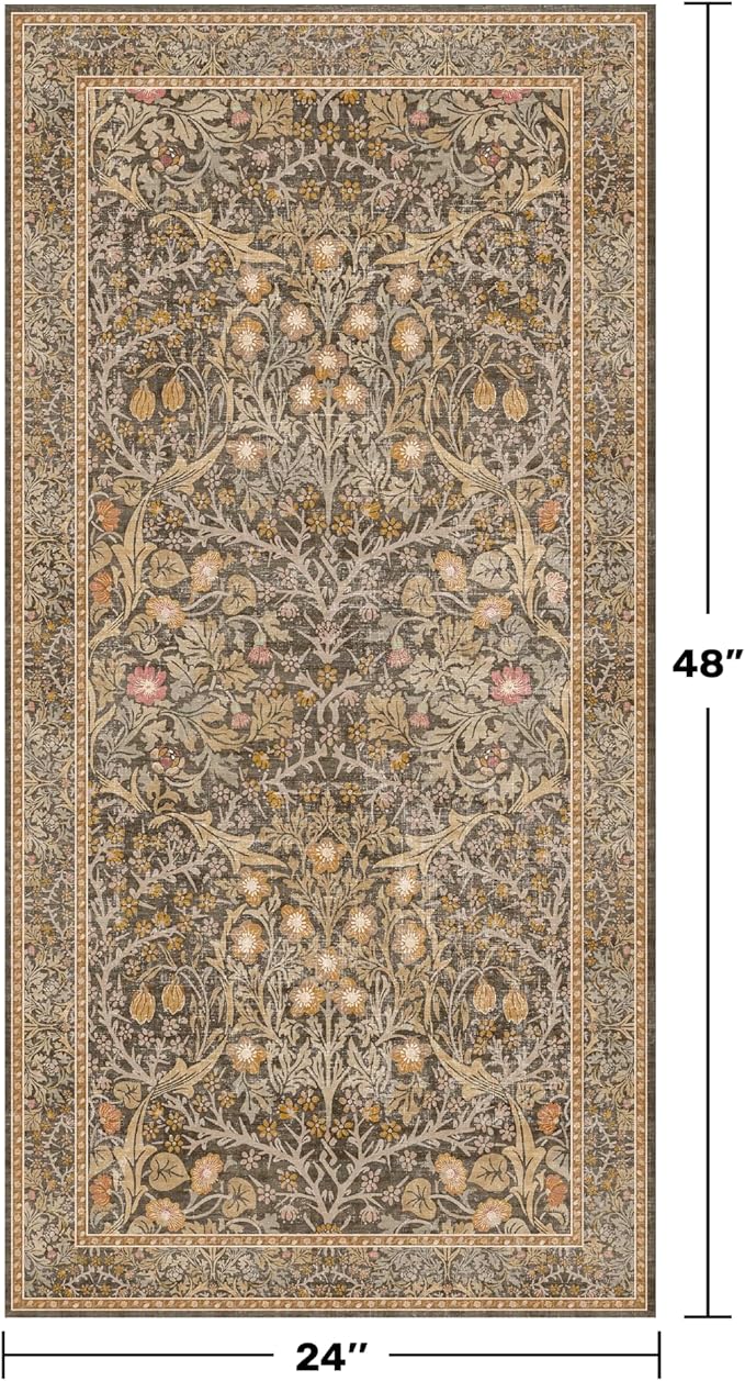 Brown Washable 2x4 Entry Rug - Front Door Rugs Indoor, Vintage Floral Style Small Rug for Kitchen, Bathroom, Non-Slip Boho Gold Entryway Décor