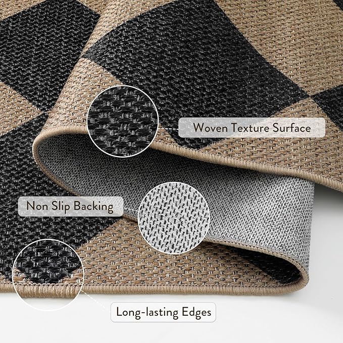 Lahome Colette Checkered Easy Jute Entry Rug, 3x5 Black Outdoor Patio Rug for Living Room Farmhouse Neutral Carpet, Washable Non Slip Indoor Door Mat Diamond Carpet for Front Door Deck Camping