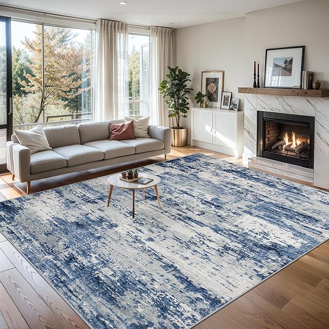 Area Rugs 9x12 Living Room - Washable Rug Modern Abstract Soft Large Neutral Non-Slip Carpet Indoor Floor Thin Carpets for Bedroom Dining Room Farmhouse Nursery Home Office Blue Gray