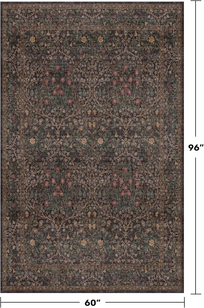 Hazo Haus Taupe Brown 5x8 Rug for Living Room - Vintage Traditional Dark Neutral Floral, Washable Foldable Non-Slip Area Rugs for Dining Under Table, Home Office, Guest Room