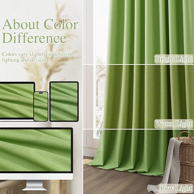 Guken Lime Green 100% Blackout Linen Curtains 108 Inch Length 2 Panels Set for Living Room Bedroom Back Tab/Rod Pocket Thermal Insulated Farmhouse Black Out Drapes Room Darkening,52x108