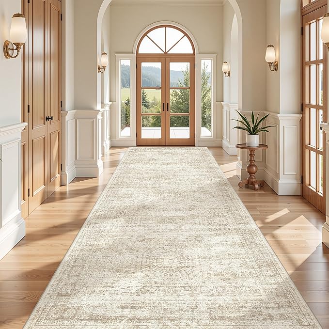 4x10 Runner Rug, Washable Hallway Runner Rug with Non-Slip Backing, Low Pile Wide Runner for Living Room, Entryway, Kitchen, Soft Modern Home Decor Mat for Dining Room(4'x10', Beige/Ivory)
