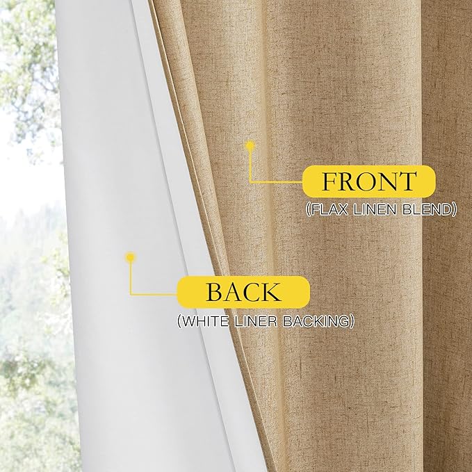 NICETOWN 100% Absolutely Blackout Linen Curtains with Thermal Insulated White Liner, Camel, W52 x L102, 2 Panels, Textured Linen Look Noise Reducing Window Treatments Drapes for Bedroom/Living Room