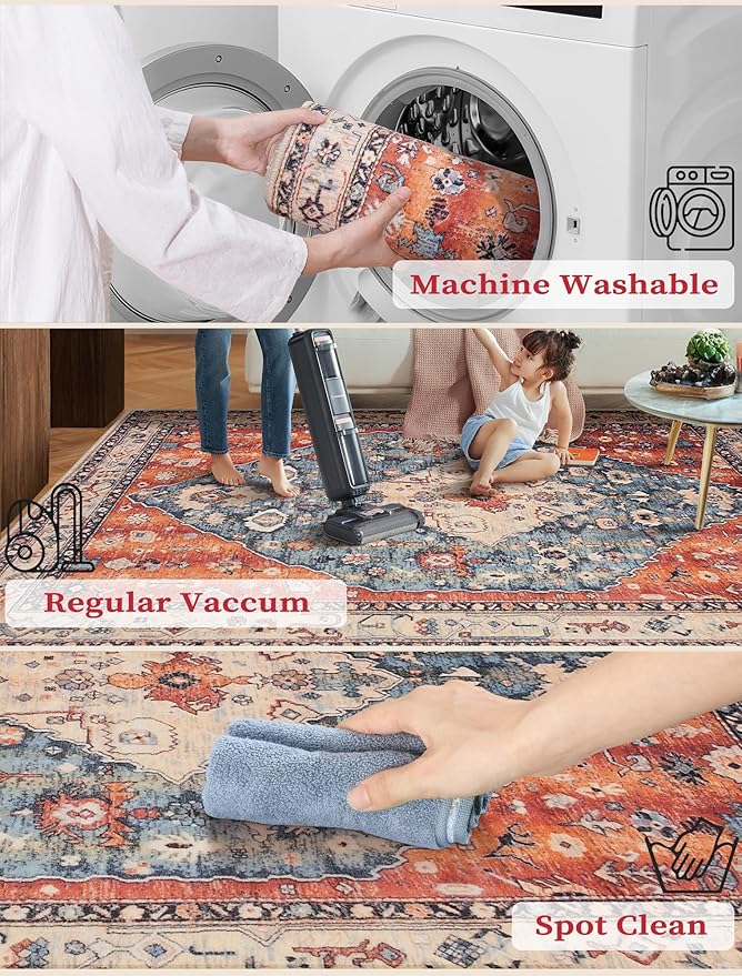 SERISSA Boho Kitchen Runner Rug, 3x7 Washable Non-Slip Runner Rug for Hallways Kitchen Rug, Ultra Soft Vintage Tribal Print Distressed Floor Carpet Runner for Bedroom Entryway Laundry Room
