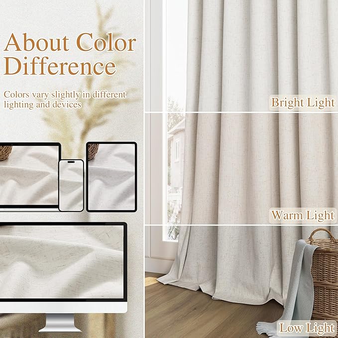 Guken 100% Blackout Boho 96 Inches Long Natural Linen Curtains Floor to Ceiling Drapes for Living Room Winter Thermal Insulated Room Darkening Black Out Sliding Barn Door Curtain, 52x96