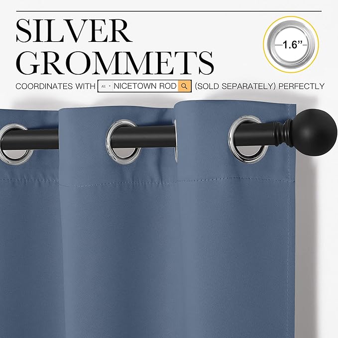 NICETOWN Thermal Insulated Curtains Blackout Draperies, Window Treatment Solid Grommet Room Darkening Drape Panels for Bedroom (Stone Blue, Set of 2, 29 by 45 inches Long)