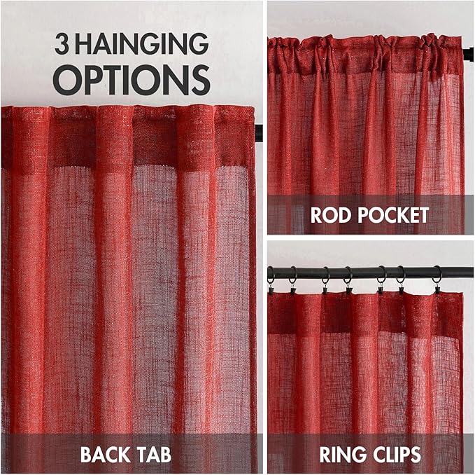 MIULEE Red Linen Curtains 96 Inch Long for Bedroom Living Room, Soft Thick Linen Textured Window Drapes Semi Sheer Light Filtering Rod Pocket Back Tab Christmas Burlap Look, 2 Panels