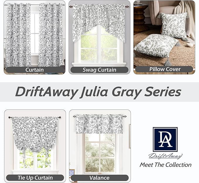 DriftAway Julia Watercolor Blooming Flower Floral Lined Thermal Insulated Window Curtain Valance Rod Pocket 52 Inch by 18 Inch Plus 2 Inch Header Gray 1 Pack