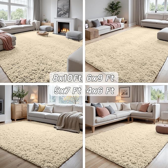 8x10 Area Rugs for Living Room Rug: Soft Fluffy Shag Beige Rugs for Bedroom, Non-Slip Large Fuzzy Plush Rug Indoor Floor Carpet for Nursery Kids Boys Girls Room, Dorms, Playroom, Modern Home Decor