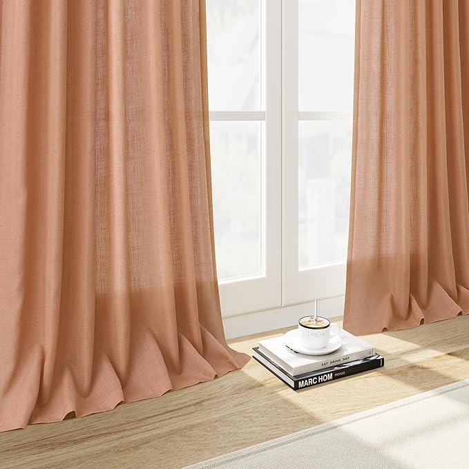 Peach Quartz Linen Curtains 102 Inch Length 2 Panels Back Tab Rod Pocket Semi Sheer Light Filtering Curtains Burlap High Window Living Room Neutral Farmhouse Decor for High Ceiling Spaces 52x102