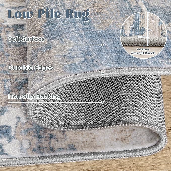 10x14 Area Rugs for Living Room, Washable Modern Abstract Large Area Rug Neutral Soft Non Slip Kids Rug Stain Resistant Indoor Carpet for Bedroom Dining Room Playroom Office(BlueBeige, 10'x14')