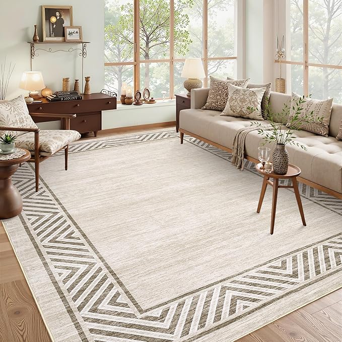 GarveeHome Large Modern Rug 9x12 Non-Slip Geometric Bordered Dining Room Rug, Machine Washable Low Pile Indoor Carpet, Non-Shedding Floor Mats, Easy to Clean, for Living Room, Bedroom, Beige