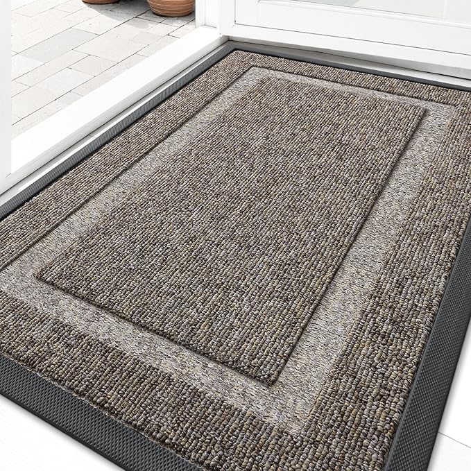 OLANLY Front Door Mat Indoor Outdoor Entrance, Waterproof All-Season, All-Weather Doormat, Sturdy Natural Rubber, Low Profile, Easy Clean Patio Porch Entryway Mat, 35x23, Khaki and White