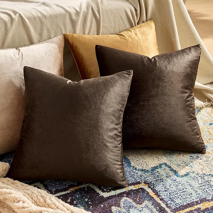 GIGIZAZA Brown Velvet Pillow Covers 18x18,Square Solid Throw Pillow Covers Decorative Modern Pillows Small Vintage Cases for Couch Pack of 2