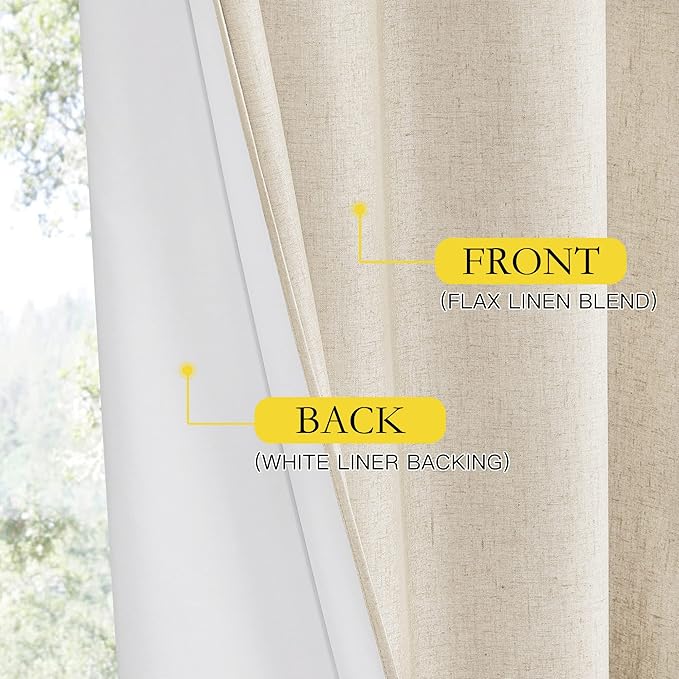 NICETOWN 100% Absolutely Blackout Linen Curtains with Thermal Insulated White Liner, Beige, W62, 2 Pieces, Noise Reducing Textured Linen Look Curtains for Windows 108 inch Length for Classroom